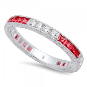 French Cut Ruby and Round Diamond Eternity Band