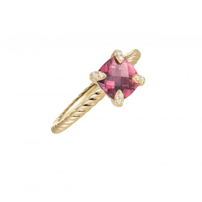 Chatelaine Ring with Pink Tourmaline and Diamonds in 18K Gold, 7mm