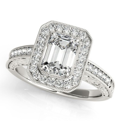 14K White Gold Emerald Halo Engagement Ring