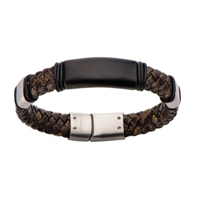 Brown Braided Leather Steel Clasp Bracelet