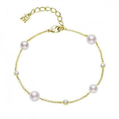 Akoya Cultured Pearl and Diamond Station Bracelet in 18K Yellow Gold