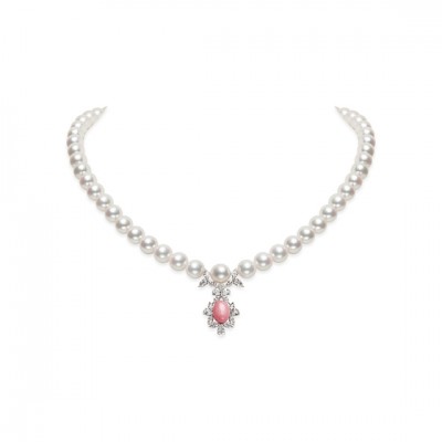 Conch and Akoya Cultured Pearl Necklace with Diamonds in 18K White Gold