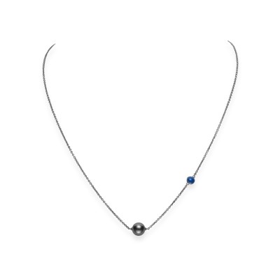 Black South Sea Cultured Pearl Single Pearl Pendant with Blue Enamel in 18K White Gold