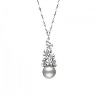 Classic White South Sea Cultured Pearl and Diamond Floral Pendant in 18K White Gold